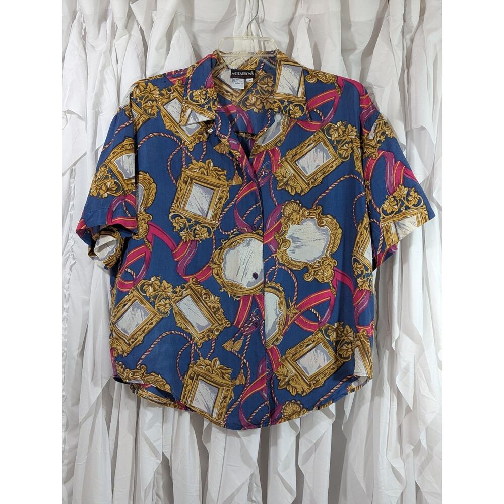 Vintage Notations 100% Silk Graphic Print Blouse - Blue/Gold/Pink - M